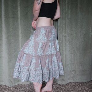 y2k Coastal Cowgirl Beachy Tiered Flare Cotton Blue Floral Print Maxi Skirt